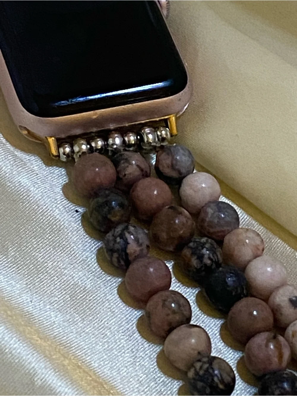Rhodonite Gemstone Apple Watch Band 3 Strand Pink Black Stone 42mm 44mm 45mm